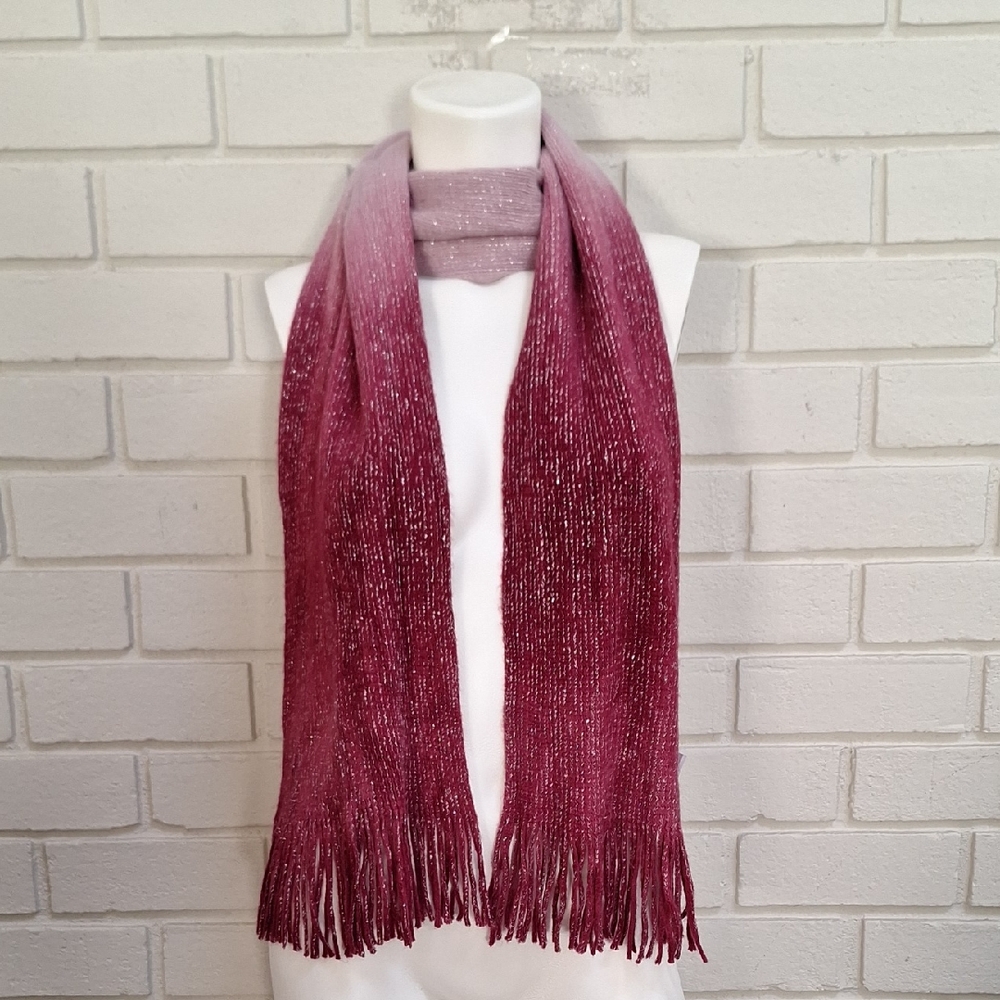 Beautiful Burgundy and Pink Silver Metallic Detail Fringe Knit Scarf.